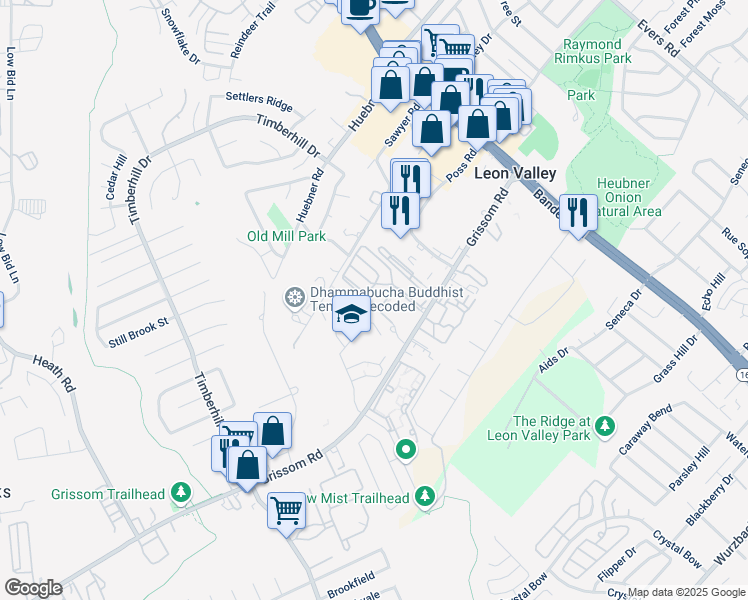 map of restaurants, bars, coffee shops, grocery stores, and more near 6005 Grissom Road in Leon Valley