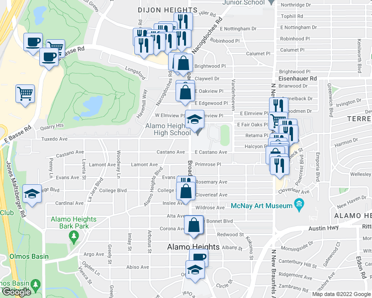 map of restaurants, bars, coffee shops, grocery stores, and more near 6801 Broadway Street in Alamo Heights