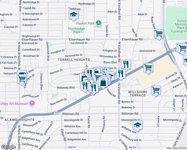 map of restaurants, bars, coffee shops, grocery stores, and more near 310 Bryn Mawr Drive in San Antonio