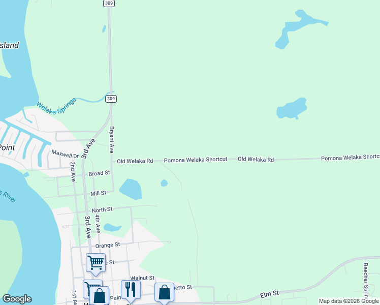 map of restaurants, bars, coffee shops, grocery stores, and more near 640 Old Welaka Road in Welaka