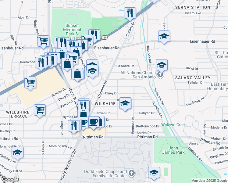 map of restaurants, bars, coffee shops, grocery stores, and more near 934 Olney Drive in San Antonio
