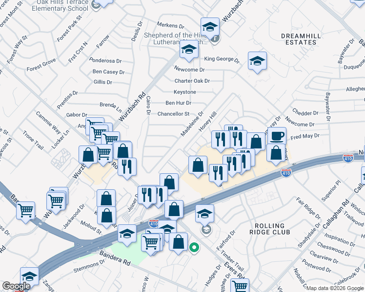 map of restaurants, bars, coffee shops, grocery stores, and more near 6402 Honey Hill in San Antonio
