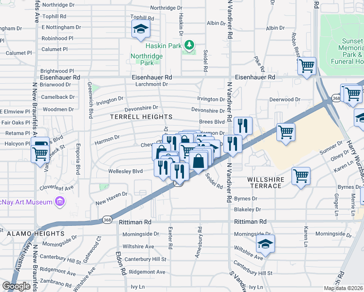 map of restaurants, bars, coffee shops, grocery stores, and more near 314 Bryn Mawr Drive in San Antonio