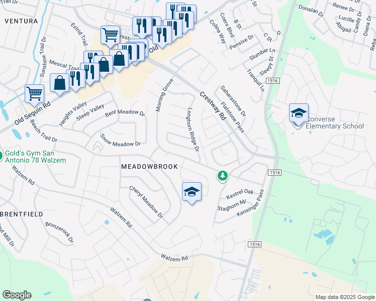 map of restaurants, bars, coffee shops, grocery stores, and more near 8226 Morning Grove in Converse