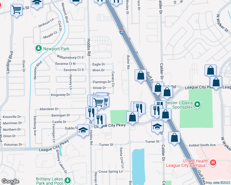 map of restaurants, bars, coffee shops, grocery stores, and more near 1727 Canary Circle in League City