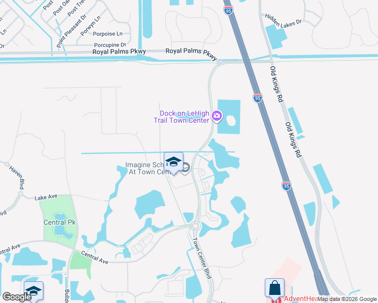 map of restaurants, bars, coffee shops, grocery stores, and more near 855 Town Center Boulevard in Palm Coast