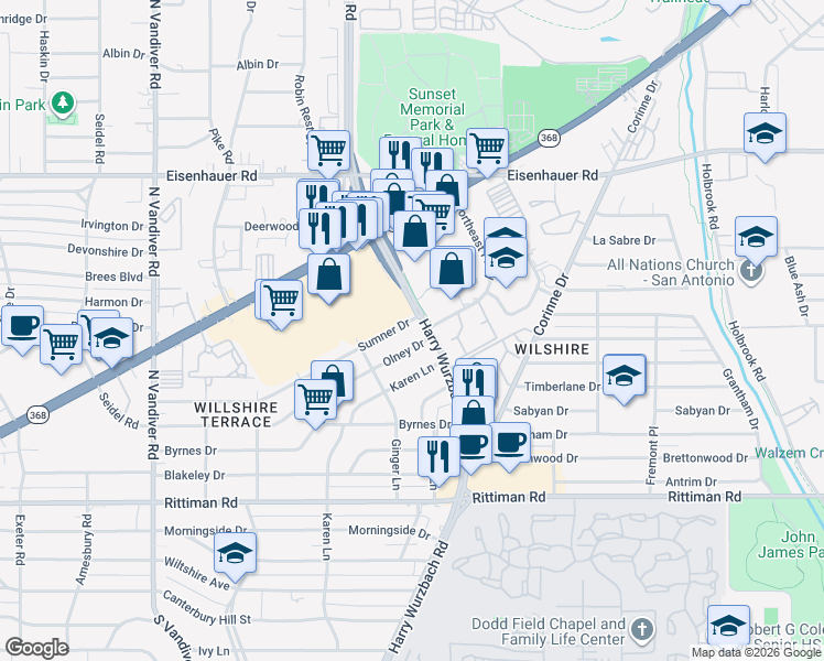map of restaurants, bars, coffee shops, grocery stores, and more near 742 Olney Drive in San Antonio