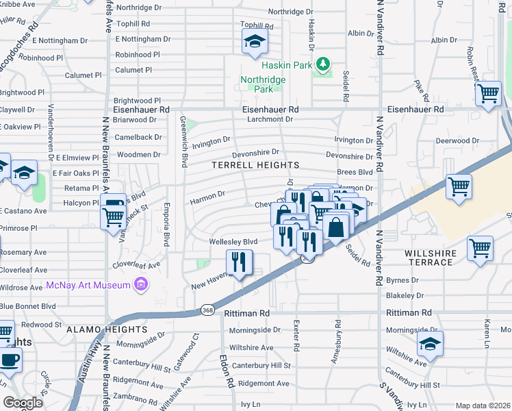 map of restaurants, bars, coffee shops, grocery stores, and more near 181 Bryn Mawr Drive in San Antonio