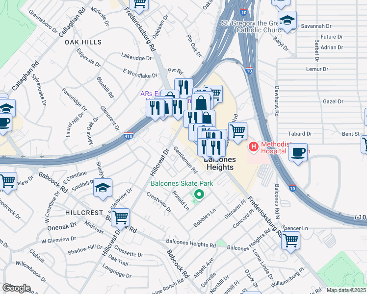 map of restaurants, bars, coffee shops, grocery stores, and more near 3230 Hillcrest Drive in Balcones Heights