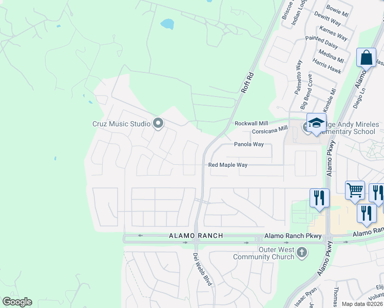 map of restaurants, bars, coffee shops, grocery stores, and more near 5807 Cedar Hill Way in San Antonio