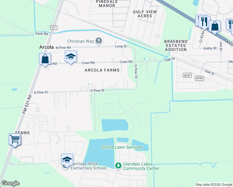 map of restaurants, bars, coffee shops, grocery stores, and more near 739 South Pine Street in Arcola