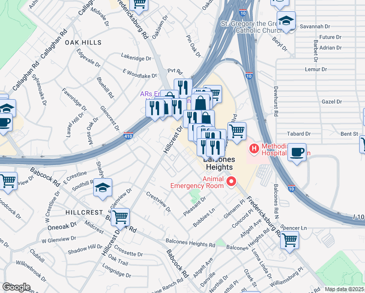 map of restaurants, bars, coffee shops, grocery stores, and more near 820 Gentleman Road in Balcones Heights