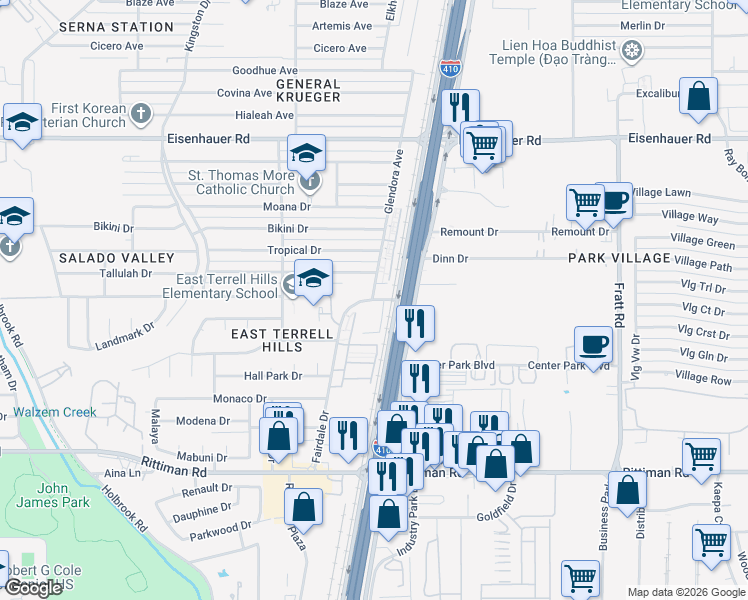 map of restaurants, bars, coffee shops, grocery stores, and more near 6606 Fairdale Drive in San Antonio
