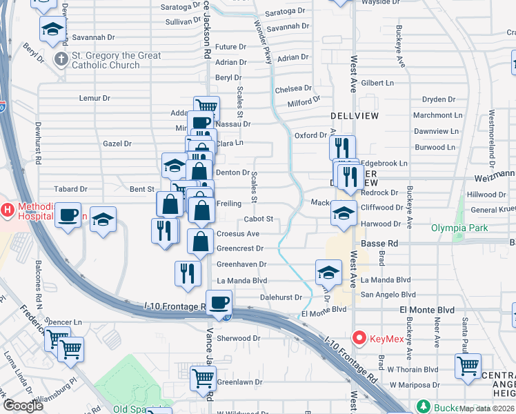 map of restaurants, bars, coffee shops, grocery stores, and more near 131 Cabot Street in San Antonio