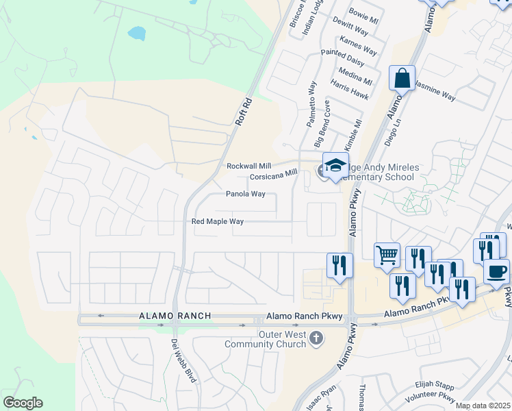 map of restaurants, bars, coffee shops, grocery stores, and more near 12410 Lake Whitney in San Antonio