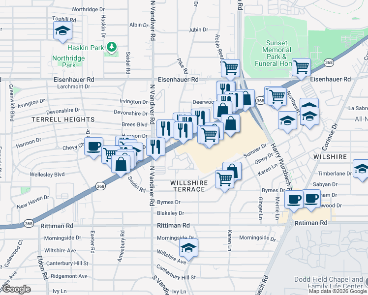 map of restaurants, bars, coffee shops, grocery stores, and more near 1350 Austin Highway in San Antonio