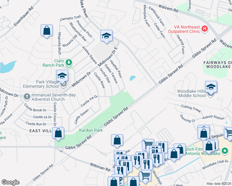 map of restaurants, bars, coffee shops, grocery stores, and more near 4803 Orchid Star in San Antonio