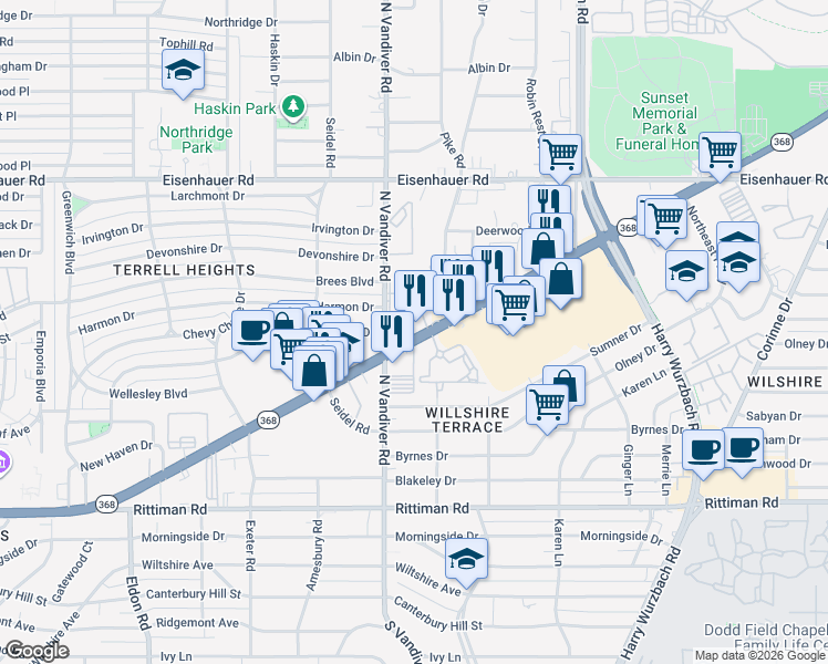 map of restaurants, bars, coffee shops, grocery stores, and more near 1320 Austin Highway in San Antonio
