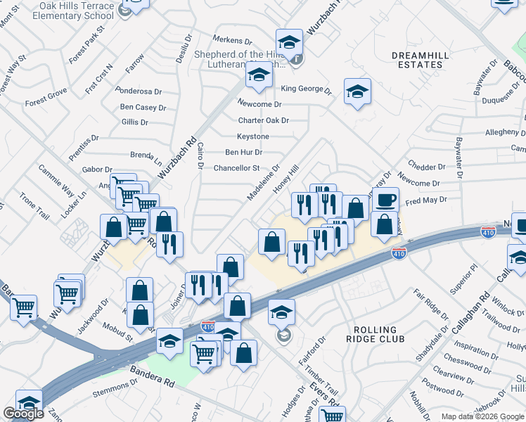 map of restaurants, bars, coffee shops, grocery stores, and more near 6402 Honey Hill in San Antonio