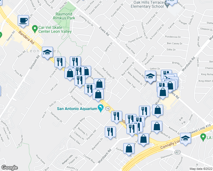 map of restaurants, bars, coffee shops, grocery stores, and more near 6101 Rue Francois Street in Leon Valley
