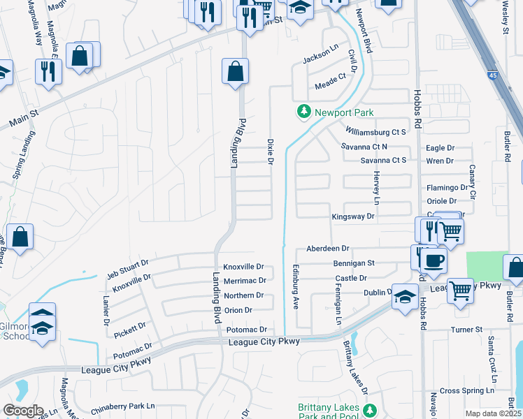map of restaurants, bars, coffee shops, grocery stores, and more near 2505 Harpers Ferry Crossing in League City