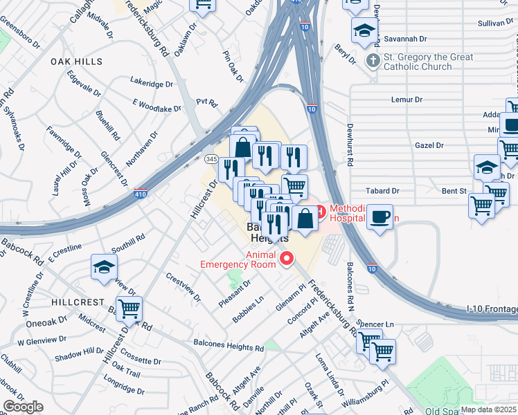 map of restaurants, bars, coffee shops, grocery stores, and more near 4519 Fredericksburg Road in Balcones Heights