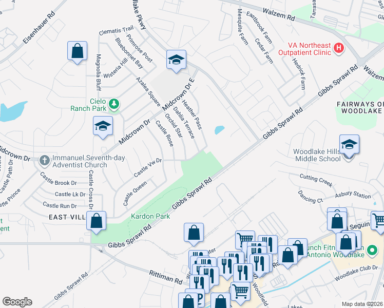 map of restaurants, bars, coffee shops, grocery stores, and more near 4803 Orchid Star in San Antonio
