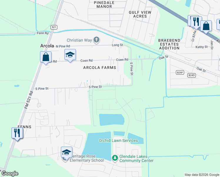 map of restaurants, bars, coffee shops, grocery stores, and more near 701 South Pine Street in Rosharon