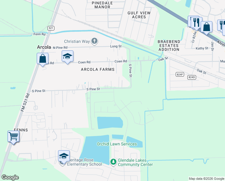 map of restaurants, bars, coffee shops, grocery stores, and more near 739 South Pine Street in Arcola