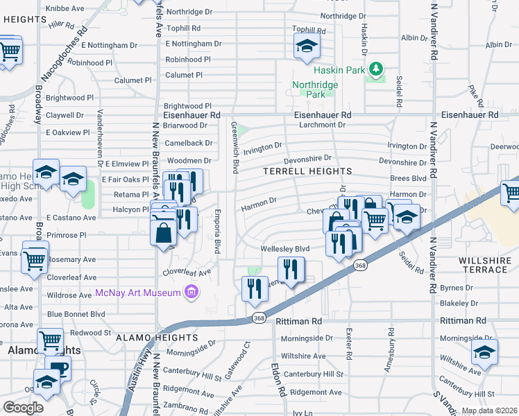 map of restaurants, bars, coffee shops, grocery stores, and more near 128 Chevy Chase Drive in San Antonio