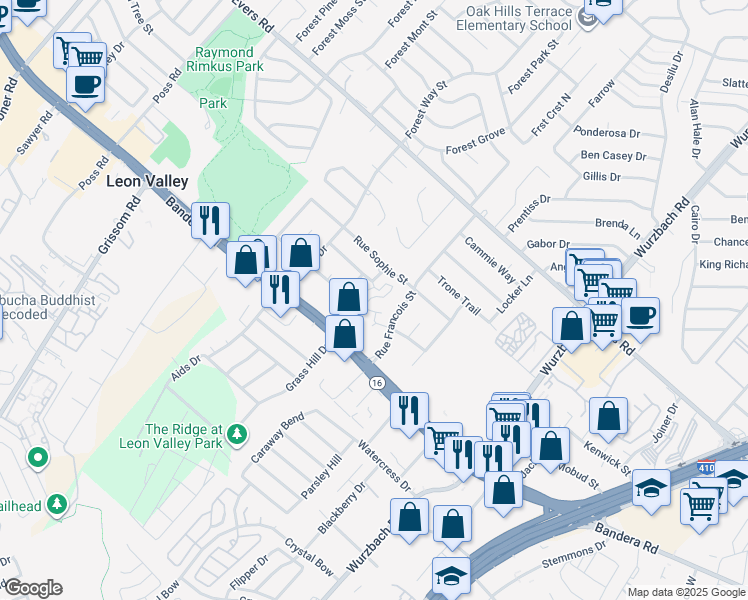 map of restaurants, bars, coffee shops, grocery stores, and more near 6101 Rue Francois Street in Leon Valley