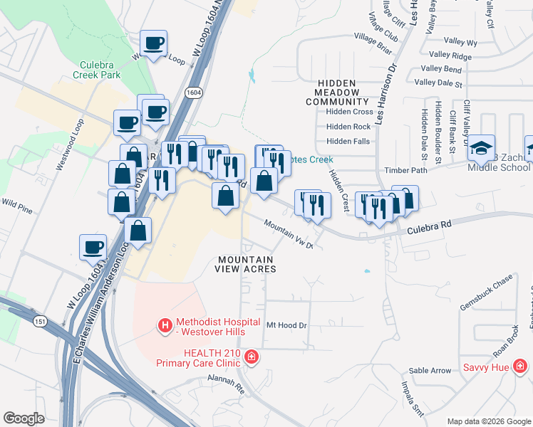 map of restaurants, bars, coffee shops, grocery stores, and more near 10528 Mountain View in San Antonio
