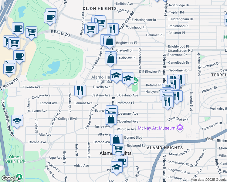 map of restaurants, bars, coffee shops, grocery stores, and more near 6900 Broadway Street in San Antonio