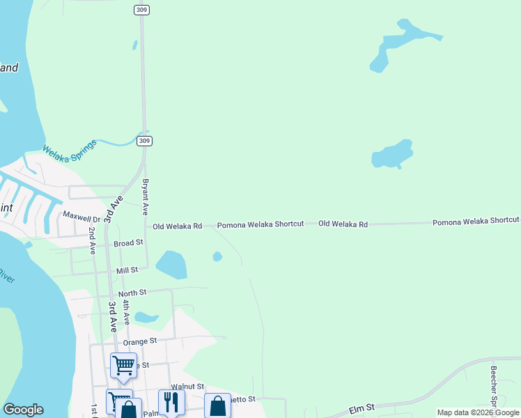 map of restaurants, bars, coffee shops, grocery stores, and more near 640 Old Welaka Road in Welaka