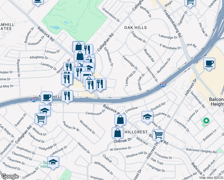 map of restaurants, bars, coffee shops, grocery stores, and more near 4235 Northwest Loop 410 in San Antonio