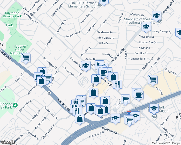 map of restaurants, bars, coffee shops, grocery stores, and more near 5900 Evers Road in San Antonio