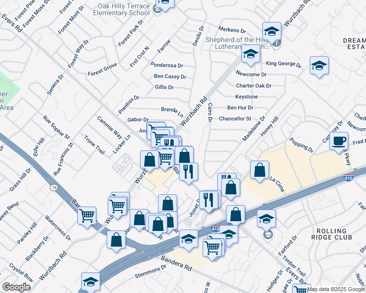 map of restaurants, bars, coffee shops, grocery stores, and more near 6414 Wurzbach Road in San Antonio