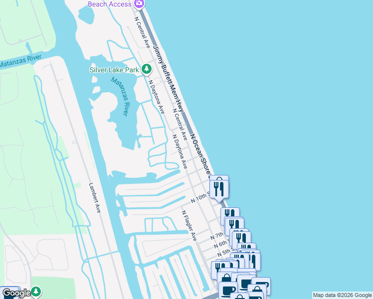 map of restaurants, bars, coffee shops, grocery stores, and more near 1335 North Central Avenue in Flagler Beach