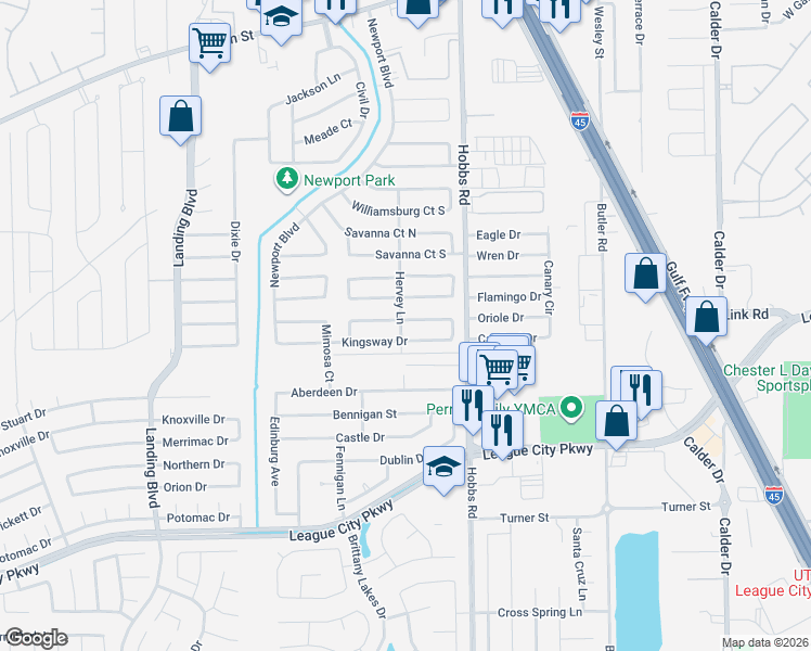 map of restaurants, bars, coffee shops, grocery stores, and more near 2017 Yorktown Court South in League City