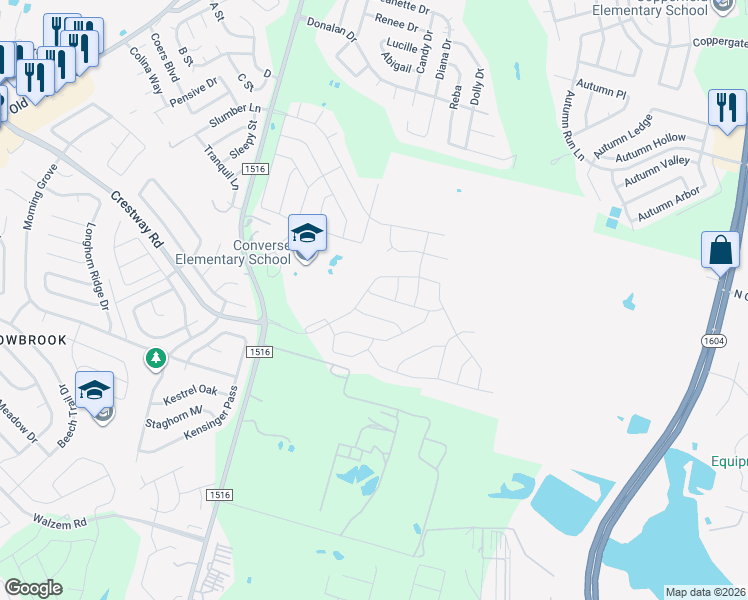 map of restaurants, bars, coffee shops, grocery stores, and more near in Converse