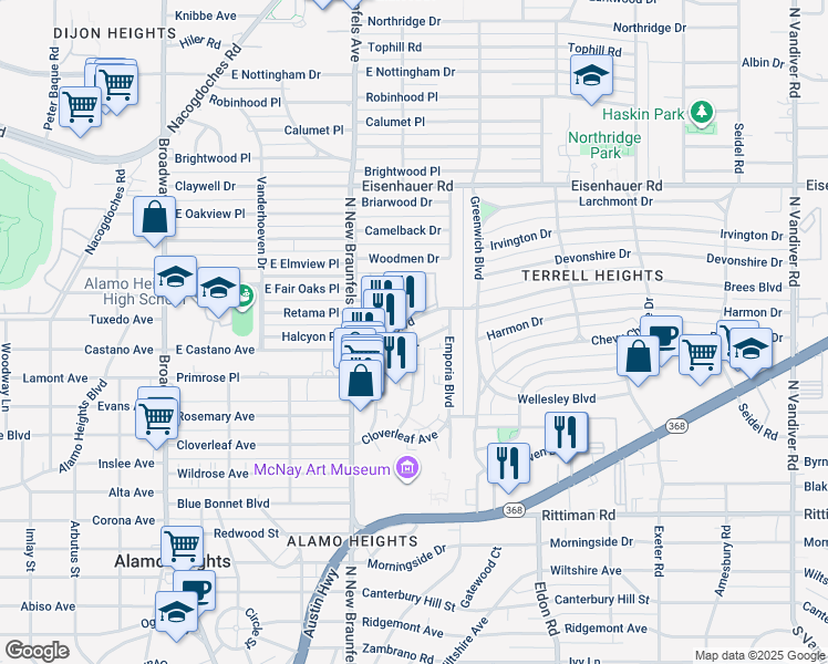 map of restaurants, bars, coffee shops, grocery stores, and more near 108 Brees Boulevard in San Antonio