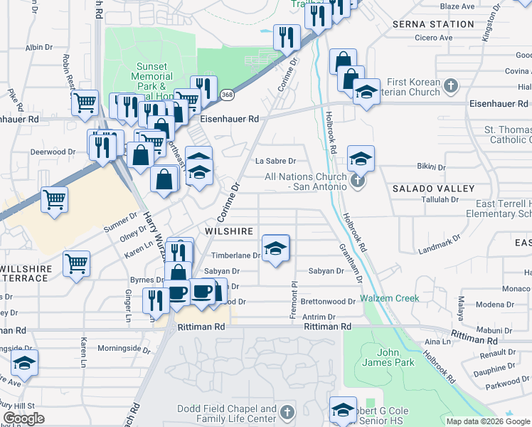 map of restaurants, bars, coffee shops, grocery stores, and more near 3714 Electra Drive in San Antonio