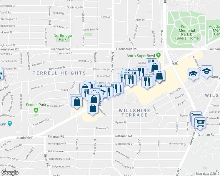 map of restaurants, bars, coffee shops, grocery stores, and more near 2 Harmon Drive in San Antonio