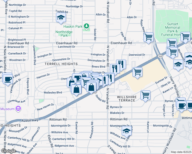 map of restaurants, bars, coffee shops, grocery stores, and more near 429 Harmon Drive in San Antonio