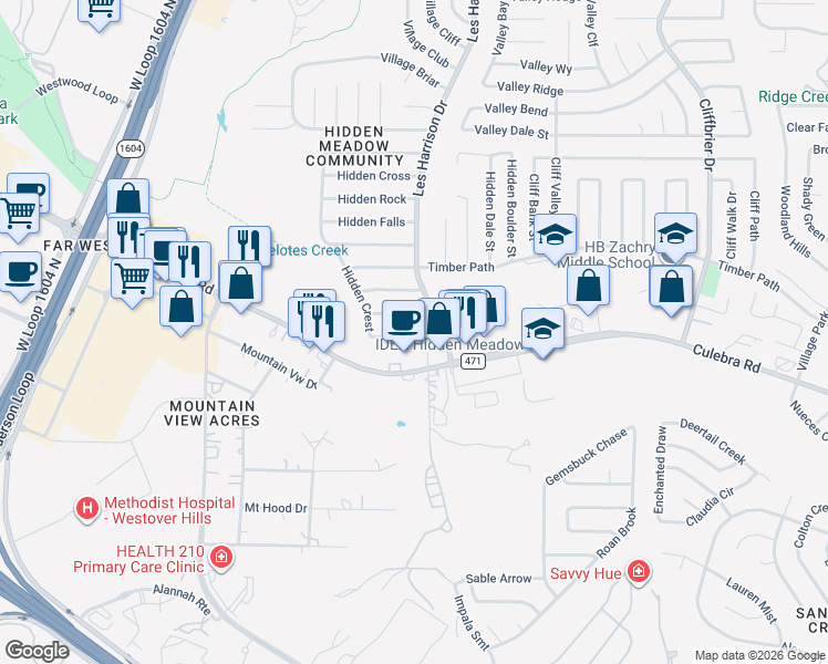 map of restaurants, bars, coffee shops, grocery stores, and more near 9723 Hidden Ledge in San Antonio