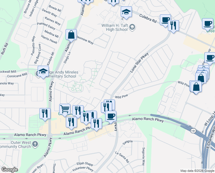 map of restaurants, bars, coffee shops, grocery stores, and more near 11726 Pandorea in San Antonio