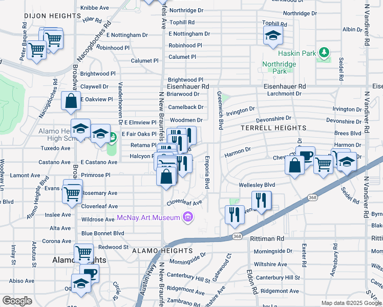 map of restaurants, bars, coffee shops, grocery stores, and more near 66 Brees Boulevard in San Antonio