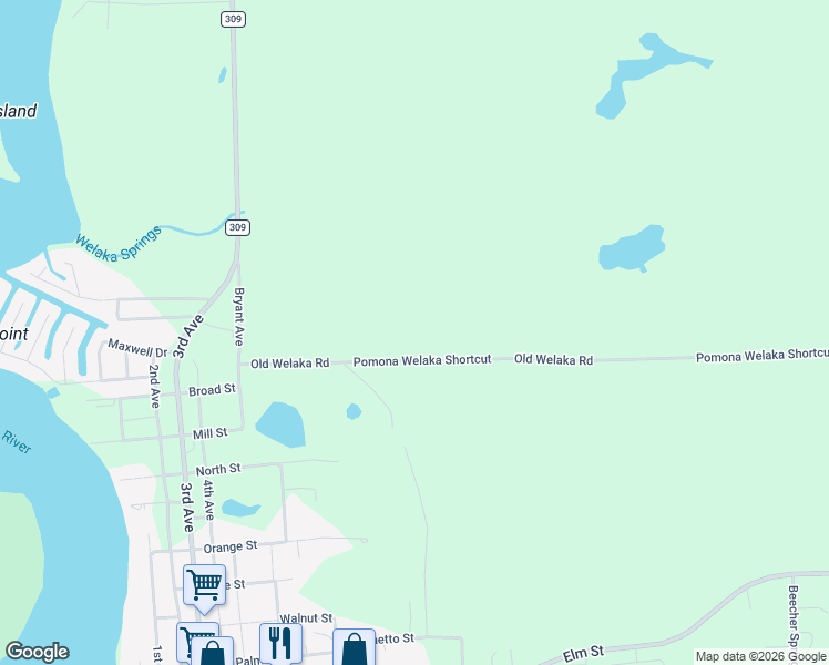 map of restaurants, bars, coffee shops, grocery stores, and more near 640 Old Welaka Road in Welaka