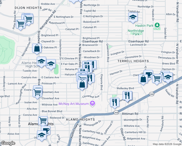 map of restaurants, bars, coffee shops, grocery stores, and more near 66 Brees Boulevard in San Antonio