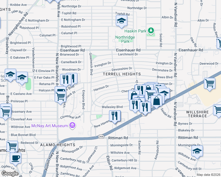 map of restaurants, bars, coffee shops, grocery stores, and more near 167 Harmon Drive in San Antonio